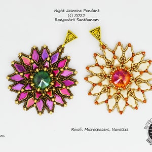 May include: Two beaded pendants in the shape of a flower with a central crystal. The pendant on the left has a green crystal and pink and purple beads. The pendant on the right has an orange crystal and white and orange beads. Both pendants have gold accents.