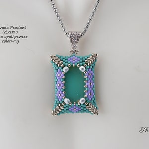 May include: Nevada Pendant necklace with an aqua opal and pewter colorway. The rectangular pendant is beaded in shades of teal, lavender, and silver, with a central oval of aqua. The necklace is suspended from a silver chain. The text on the image says "Nevada Pendant (c)2023 Aqua opal/pewter colorway".