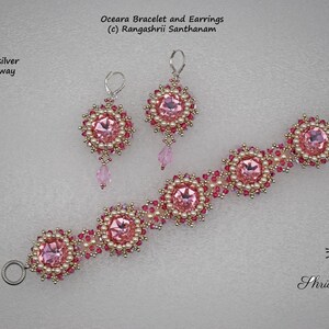 May include: A pink and silver jewelry set, including a bracelet and earrings. The bracelet and earrings feature large pink center stones surrounded by smaller pink and silver beads. The earrings have a dangling pink bead. The set is labeled "Oceara Bracelet and Earrings" and "Pink/silver colorway."