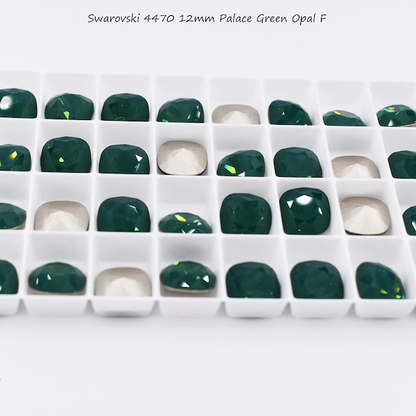 Swarovski 4470 12mm Palace Green Opal F, cushion cut square stone