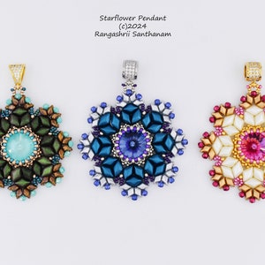 May include: Three beaded starflower pendants in different color combinations. The pendants feature a central gemstone surrounded by a geometric pattern of beads. The colors are teal, blue, and white.