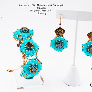 May include: A turquoise and rose gold beaded bracelet and earrings set. The bracelet is made with a repeating pattern of turquoise and gold beads. The earrings are dangle earrings with a turquoise and gold bead cluster and a gold diamond-shaped pendant.