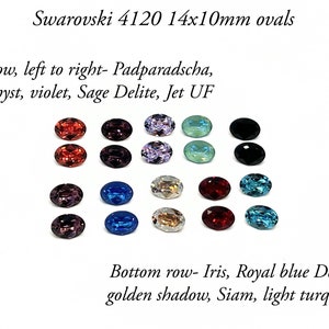 May include: Assortment of 14x10mm oval Swarovski crystals in various colors, including Padparadscha, amethyst, violet, Sage Delite, Jet UF, Iris, Royal blue Delite, golden shadow, Siam, and light turquoise.
