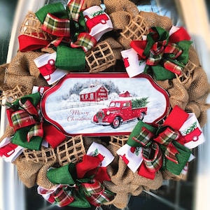 Christmas wreath/ Christmas welcome/ Christmas front door/ country Christmas/ red truck Christmas/ red truck wreath