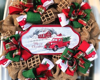 Christmas wreath/ Christmas welcome/ Christmas front door/ country Christmas/ red truck Christmas/ red truck wreath
