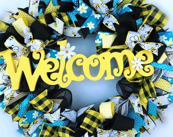 Welcome wreath/ summer wreath/ bee wreath/ summer decor/ deco mesh wreath/ summer front door