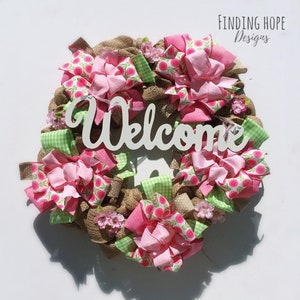 Welcome wreath / spring wreath / pink wreath /burlap wreath