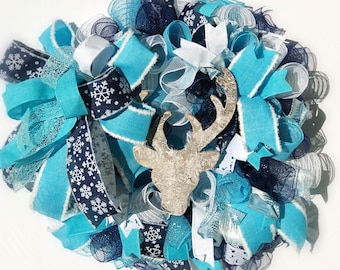 winter wreath/ winter decor/ deer wreath / deer decor/ blue wreath / snow wreath