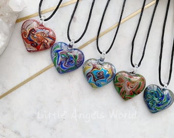 Glass heart necklace, pressed flower necklace,Murano necklace,flower heart pendant,glass blown heart necklace