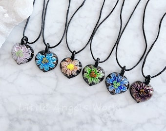 Glass heart necklace, pressed flower necklace,Murano necklace,flower heart pendant,glass blown heart necklace