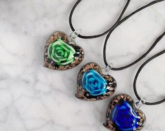Glass heart necklace, pressed flower necklace,Murano necklace,flower heart pendant,glass blown heart necklace
