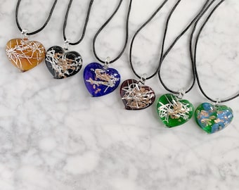 Glass heart necklace, pressed flower necklace,Murano necklace,flower heart pendant,glass blown heart necklace