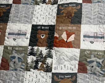 Baby Boy Quilt| Handmade| Woodland Theme| Adventure Camping Theme| Shower Gift| Crib Bedding| Nursery Decor