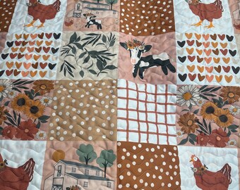 Baby Girl Quilt Handmade-Boho-Farm Theme- Barnyard Animals- Boho Baby Blanket- Nursery Decor- Baby Shower Gift- Crib bedding