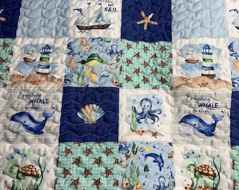 Nautical Baby Quilt| Handmade| Whales| Ocean| Beach| Nursery Decor| Crib Bedding| Baby Gift| Ready to Ship