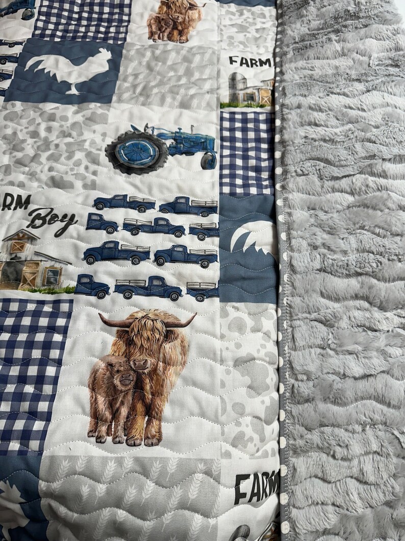 Baby Boy Quilt HandmadeHighland Cow Farm Theme Crib BeddingNursery Decor Handmade Baby Gift image 2