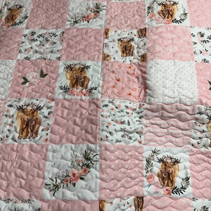 Baby Girl Quilt Handmade |Highland Cow Quilt | Baby Gift|Nursery Decor| Crib Bedding| Baby Shower| Handmade Baby Blanket|