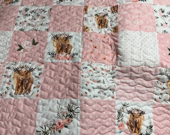 Baby Girl Quilt Handmade |Highland Cow Quilt | Baby Gift|Nursery Decor| Crib Bedding| Baby Shower| Handmade Baby Blanket|