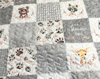 Baby Boy Quilt Handmade| Woodland Theme| Forest Animals| Rustic| Nursery Decor| Crib Bedding| Baby Shower Gift