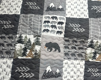 Baby Boy Quilt| Handmade| Adventure Theme |Rustic Theme| Crib Bedding| Nursery Decor| Baby Gift |Bears| Mountains