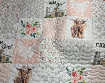 Baby Girl Quilt Handmade|Highland Cow| Floral |Farm Theme| Crib Bedding|Nursery Decor| Handmade Baby Gift