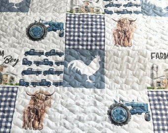 Baby Boy Quilt Handmade|Highland Cow| Farm Theme| Crib Bedding|Nursery Decor| Handmade Baby Gift