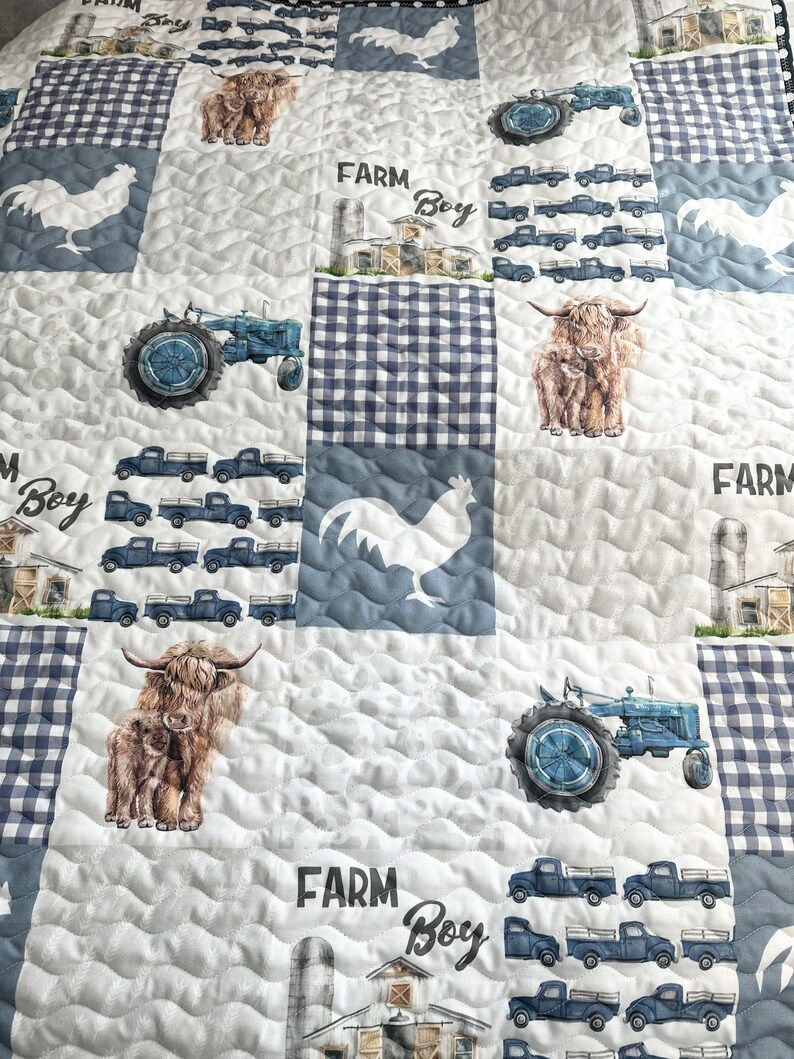 Baby Boy Quilt HandmadeHighland Cow Farm Theme Crib BeddingNursery Decor Handmade Baby Gift image 1