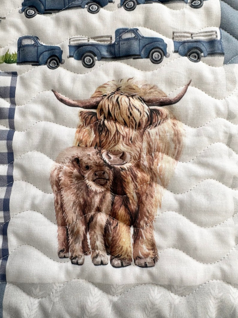 Baby Boy Quilt HandmadeHighland Cow Farm Theme Crib BeddingNursery Decor Handmade Baby Gift image 3