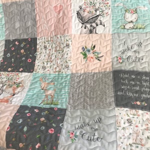 Baby Girl Quilt Handmade| Woodland Theme | Handmade Baby Blanket| Baby Shower Gift|Crib Bedding| Nursery Decor|