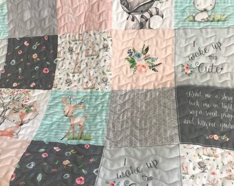 Baby Girl Quilt Handmade| Woodland Theme | Handmade Baby Blanket| Baby Shower Gift|Crib Bedding| Nursery Decor|
