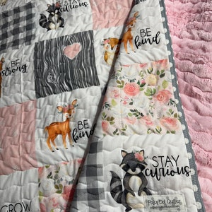 Baby Girl Quilt| Handmade| Woodland Animals| Forest Animals| Nursery Decor| Crib Bedding| Baby Shower Gift|Baby Blanket