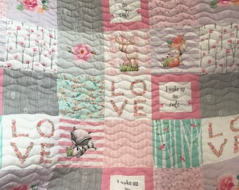 Baby Girl Quilt Handmade| Ready to Ship| Woodland Theme| Forest Animals| Baby Gift| Nursery Decor| Crib Bedding