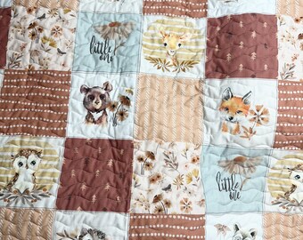 Baby Girl Quilt| Handmade| Boho| Woodland Theme| Nursery Decor| Baby Gift| Crib Bedding| Forest Animals