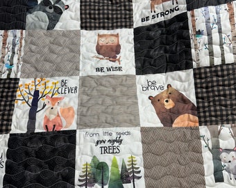 Baby Boy Quilt Handmade| Woodland Theme| Forest Animals| Baby Gift| Nursery Decor| Crib Bedding