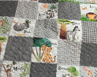 Baby Boy Quilt| Handmade| Safari Theme| Jungle Animals| Zoo Animals| Baby Gift| Nursery Decor| Crib Bedding| Shower Gift|