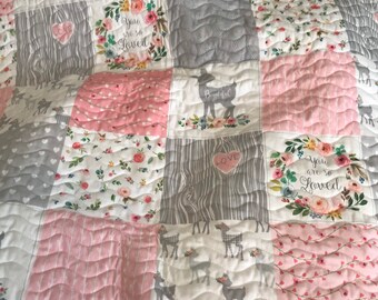 Baby Girl Quilt Handmade|Woodland Theme| Nursery Decor| Baby Shower Gift| Crib Bedding| Handmade Baby Blanket