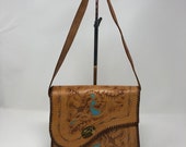 Vintage Mexican Hand Tooled Leather Purse Shoulder Bag Floral Turquoise Painted