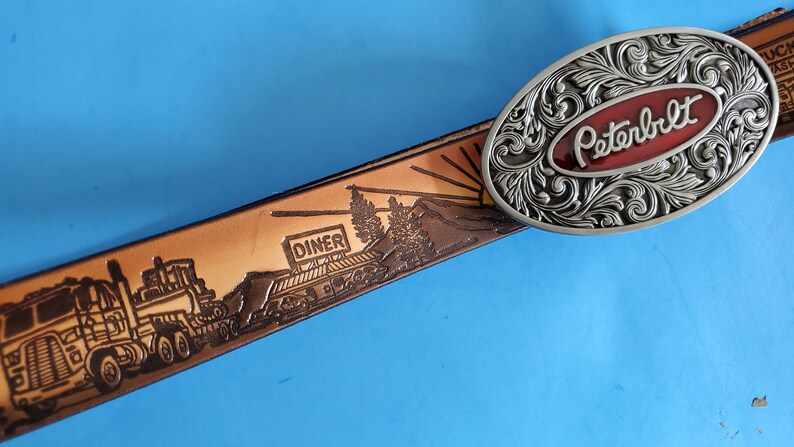PETERBUILT Truckstop Leather Belt Cowhide and Matching epoxy PETERBUILT Buckle