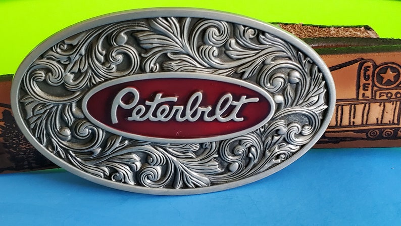 PETERBUILT Truckstop Leather Belt Cowhide and Matching epoxy PETERBUILT Buckle