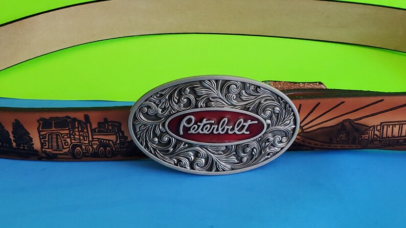 PETERBUILT Truckstop Leather Belt Cowhide and Matching epoxy PETERBUILT Buckle