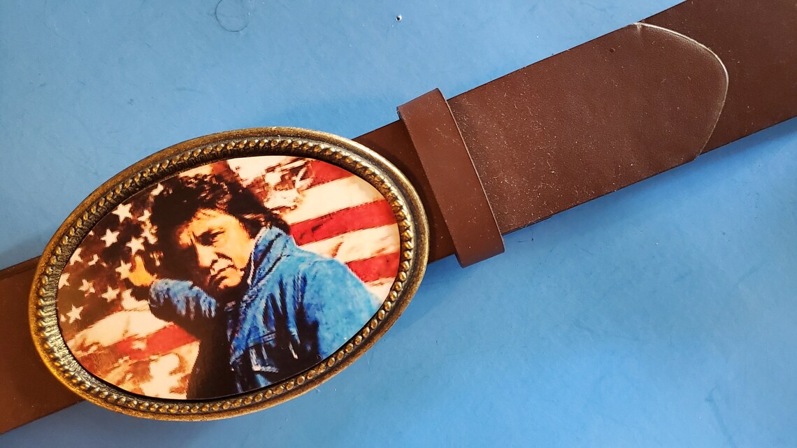Johnny Cash Epoxy Belt Buckle USA FLAG & Brown Bonded Leather Etsy