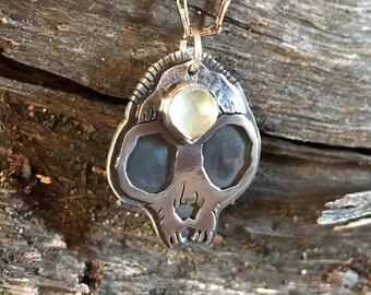 Sterling Lemur skull pendant with prehnite