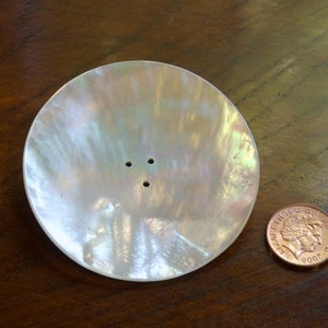 May include: A large, white, iridescent, mother-of-pearl button with three holes.
