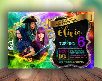 Descendants Invitation, Descendants 2, Disney Descendants Invite, Descendants Birthday, Disney Descendants Mal Evie Party, Descendants
