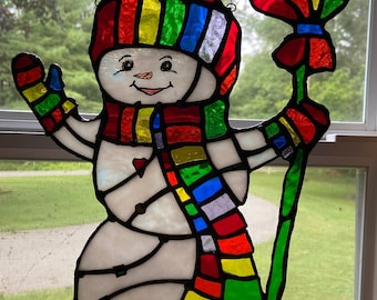 Snowman Stained Glass, Stained Glass Snowman, Snowman Suncatcher, Gifts, Stained Glass Suncatcher