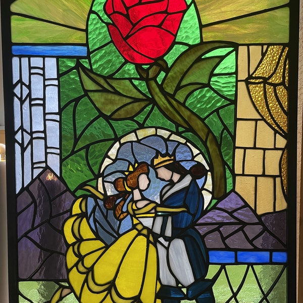 Beauty and the Beast Stained Glass Panel, Stained Glass Panel, Gifts