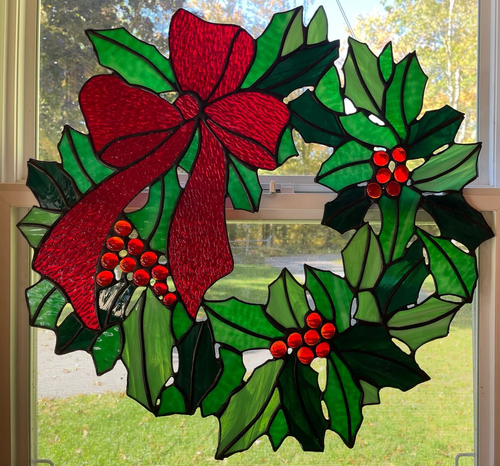 Wreath Stained Glass Christmas Wreath Stained Glass Stained Etsy