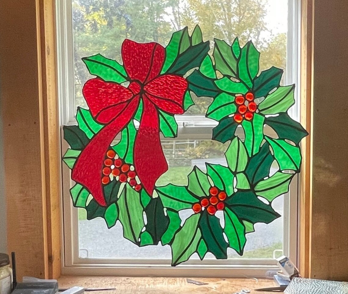 Wreath Stained Glass Christmas Wreath Stained Glass Stained Etsy