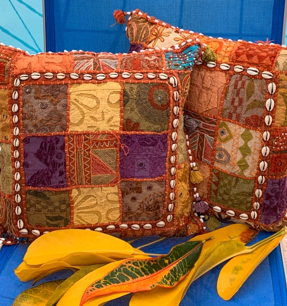 2 Boho Tapestry Pillows Embroidered Mirrors Cowry Shells Etsy