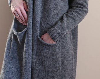 Casual Dark grey cardigan, Women's clothing, Long alpaca coat, Soft and warm cardigan, Comfy sweater